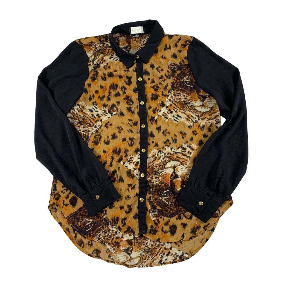 Y2K Fifty Street Cheetah Button Up Blouse Women L Gold Tone Buttons Retro Glam